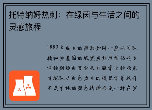 托特纳姆热刺：在绿茵与生活之间的灵感旅程